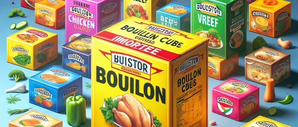 Assorted bouillon cubes with varied packaging on a kitchen countertop