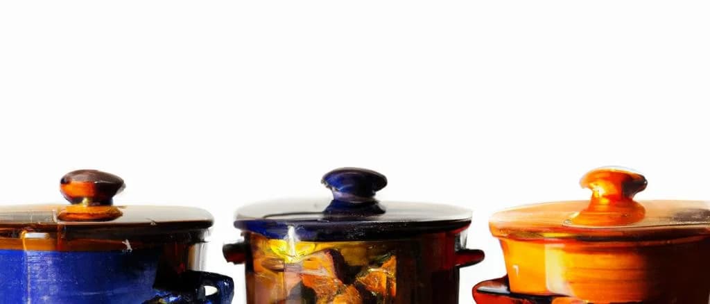 variety of bouillon pots on a kitchen countertop