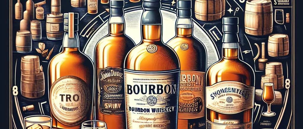 Three bourbon whiskey bottles with distinct labels and packaging on a wooden background