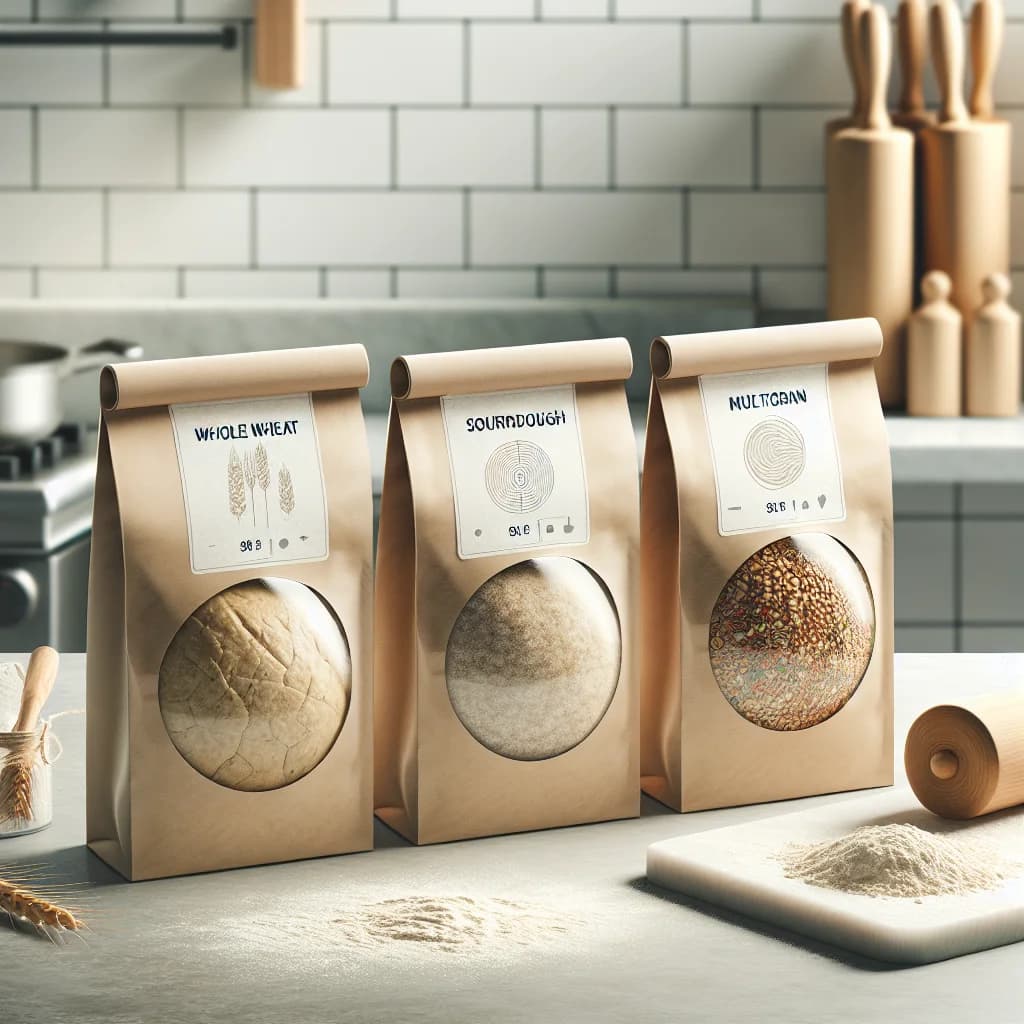 artisanal bread dough varieties in bulk packaging on a clean countertop