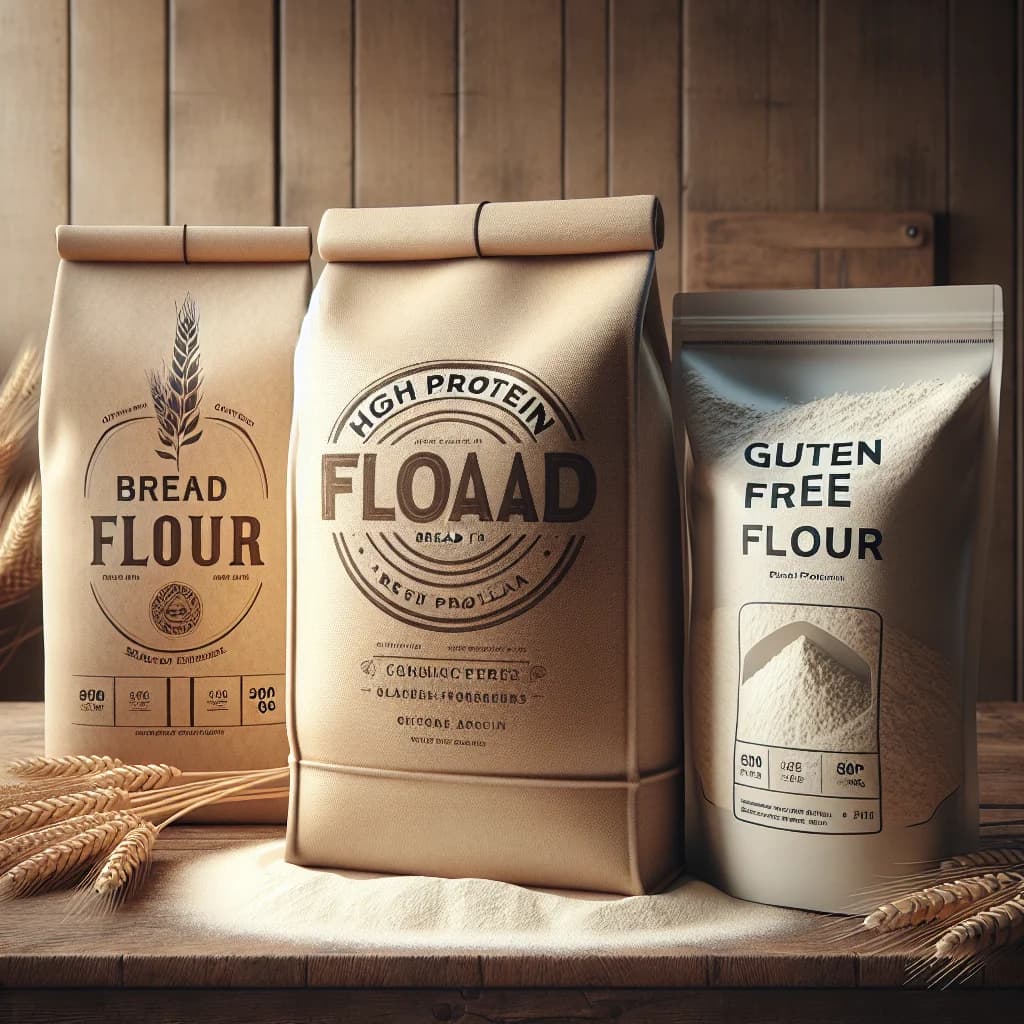 variety of bread flour packaging on a wooden counter with rustic background