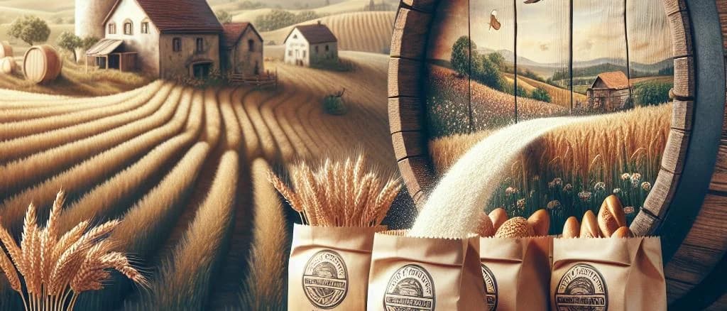 Variety of bread flours in packaging on wooden surface