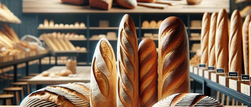 Assorted artisan bread on a rustic wooden table with different packaging options