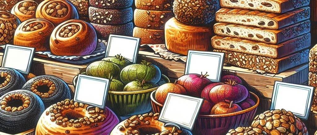 variety of breads with nuts on a wooden table with rustic background