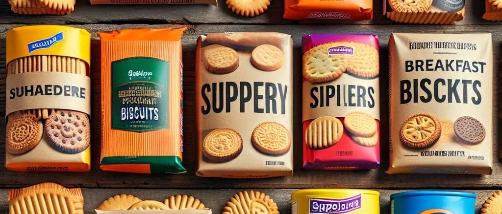 Breakfast biscuits on a rustic wooden table with various packaging styles