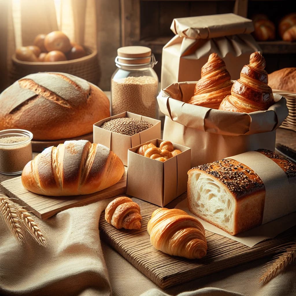 assorted breakfast bread on wooden surface with packaging showcasing private label and bulk options