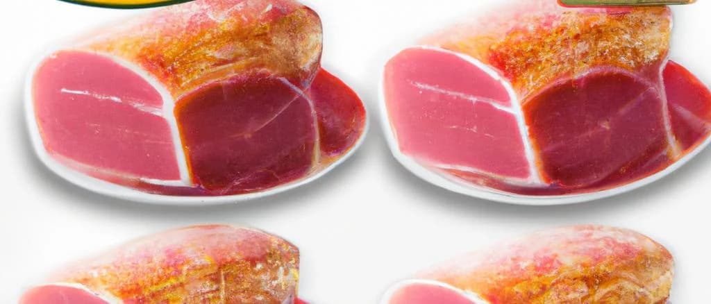 Various types of British hams in different packaging on a rustic wooden background