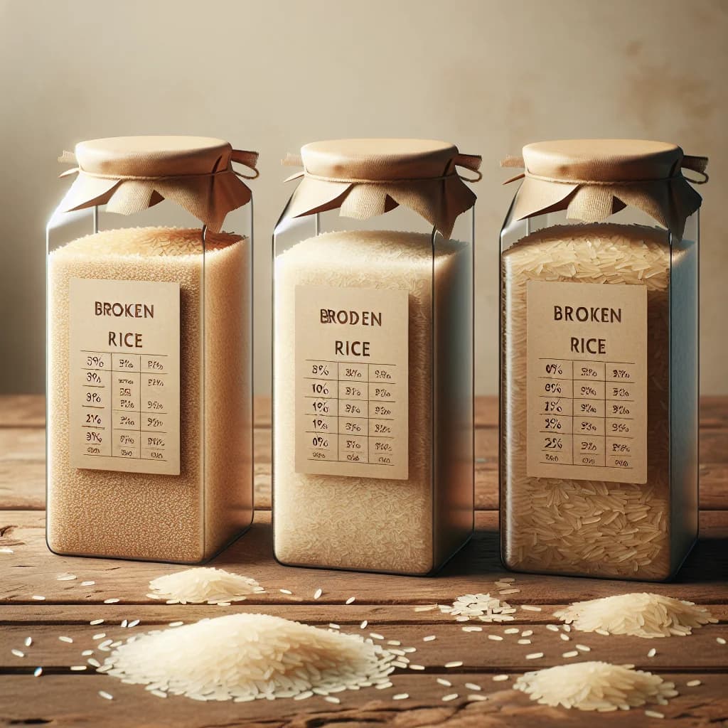 Various types of broken rice in eco-friendly packaging on a wooden background, showcasing bulk and wholesale options for B2B buyers.