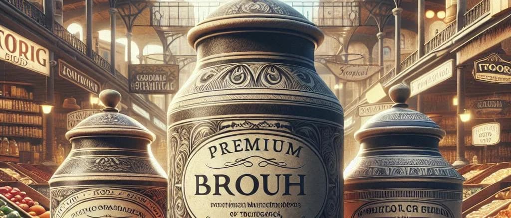 Various broth stock packaging on a warehouse shelf