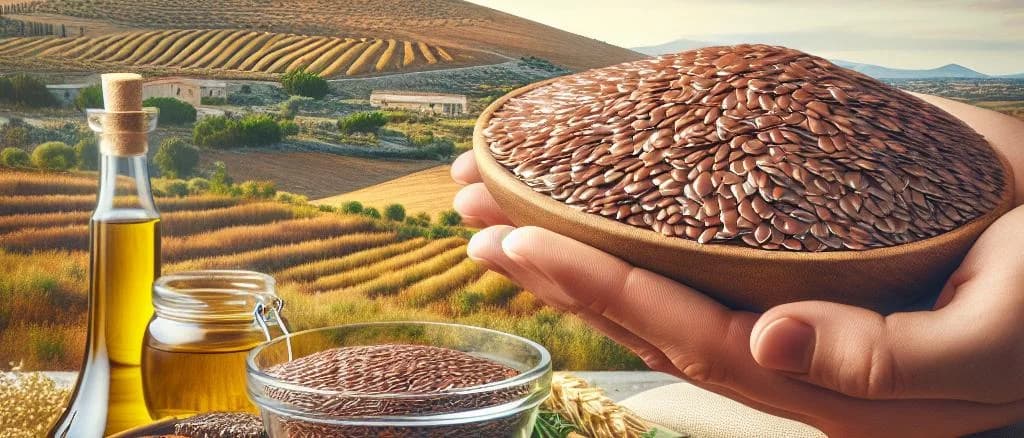 brown flax seeds in various packaging options on a rustic wooden background