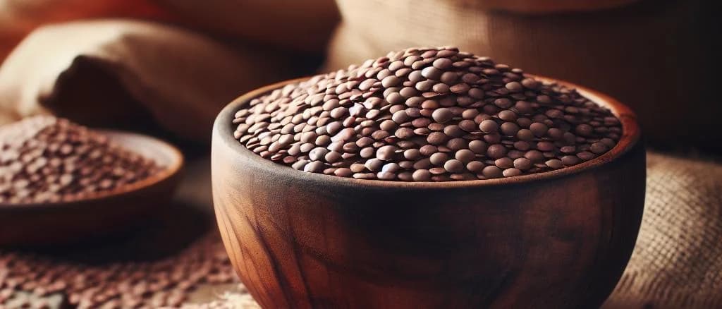 variety of packaged brown lentils on wooden background
