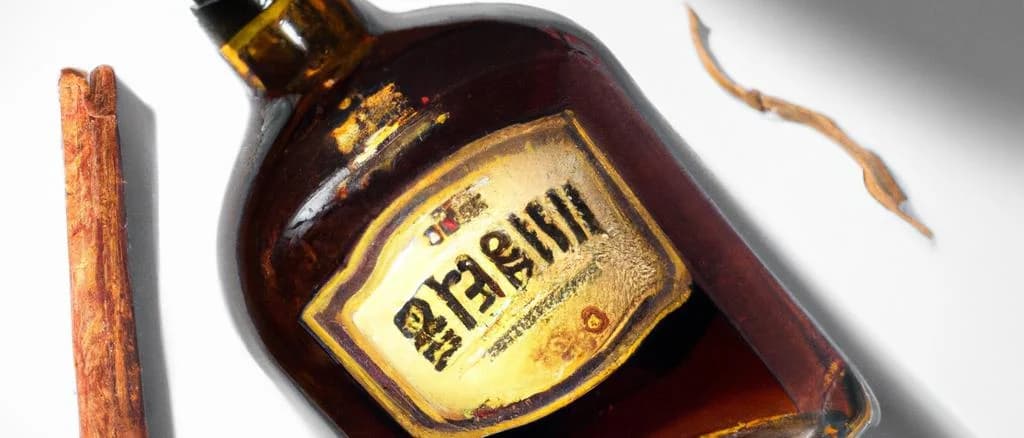 Brown rum bottles on wooden barrels with tropical background