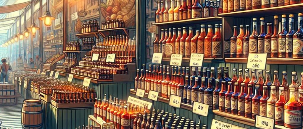 Brown sauces in various packaging on a rustic kitchen counter