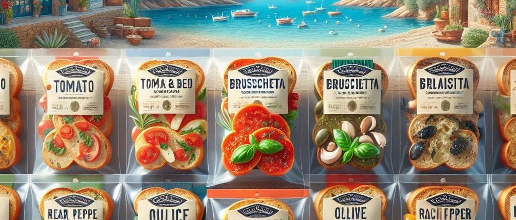 Variety of bruschetta breads on rustic wooden background