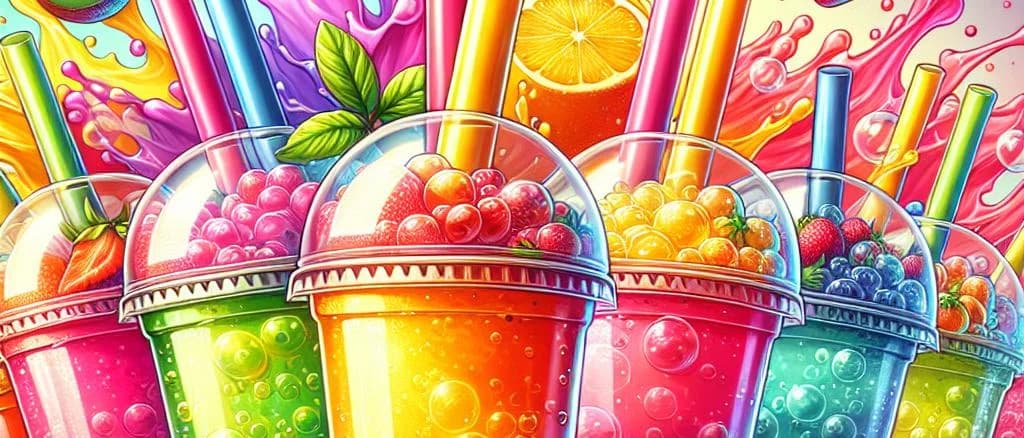 Assorted bubble drinks with different flavors and packaging on a colorful background
