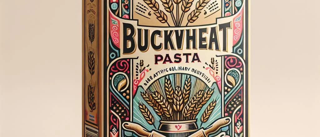 Buckwheat pasta variations on rustic wooden background with eco-friendly packaging