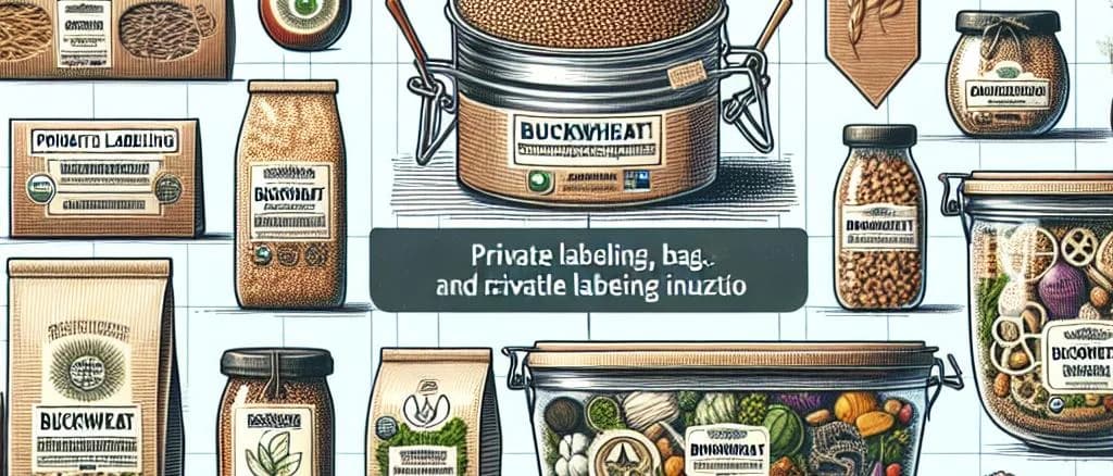 Various buckwheat product packaging against a rustic wooden background