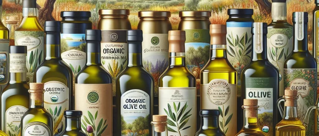 bulk olive oil bottles and tins with customizable labels on a rustic wooden background