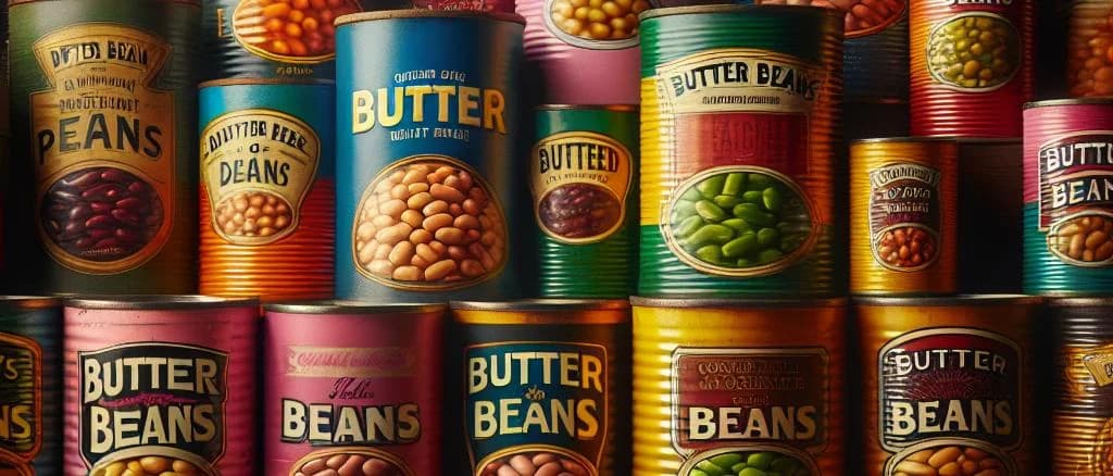 three variations of butter beans in different packaging on a neutral background