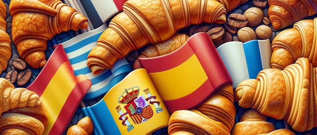 Variety of butter croissants on wooden background with different packaging options