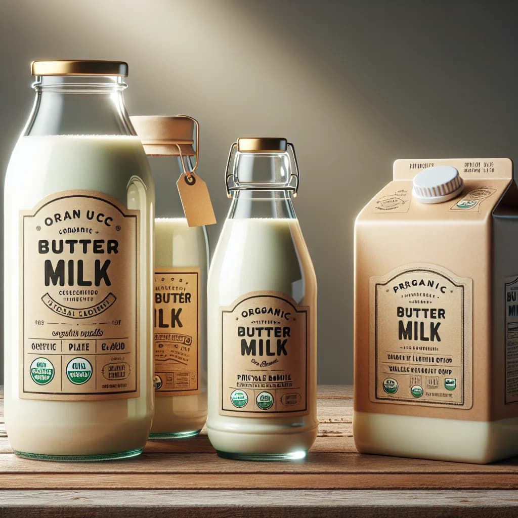 premium packaging and bottles of buttermilk on wooden table with vintage-style labels for wholesale and bulk supply