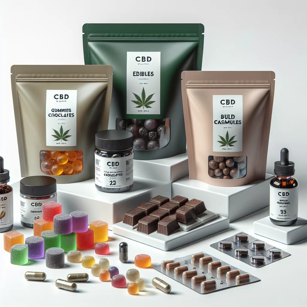 Assorted CBD edibles in vibrant packaging with a clean, professional background, showcasing various product types like gummies, chocolates, and capsules for wholesale and B2B buyers.