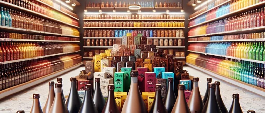 assortment of cacao drink packaging variations with rich textures and vibrant colors