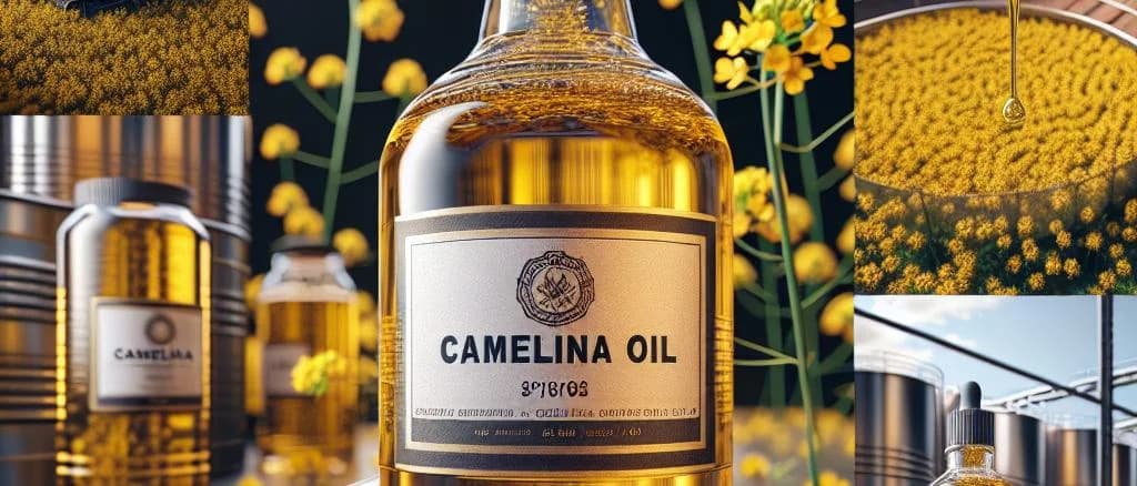 Camelina oil bottles with diverse packaging and natural backgrounds