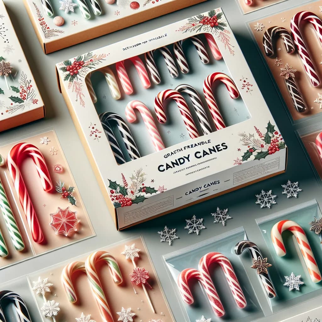 assorted candy canes in different flavors and packaging variations on a festive background