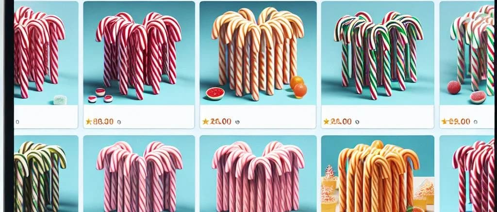 Assorted Candy Canes with Colorful Packaging on Various Backgrounds
