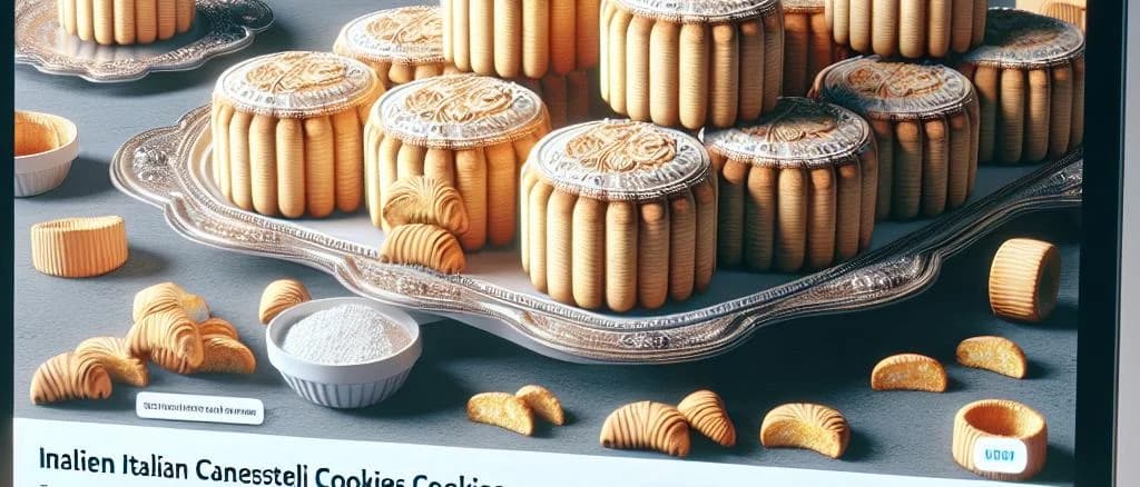 Selection of Canestrelli cookies displayed on wooden trays with diverse packaging options in a rustic kitchen setting.