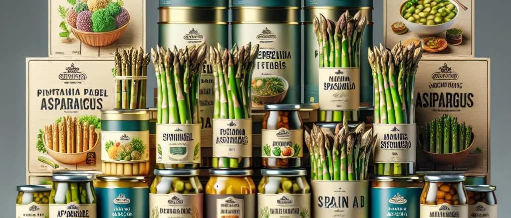 Various canned asparagus options with different packaging styles on a wooden background