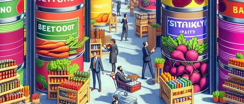 Canned beetroot variations with colorful packaging on a wooden background