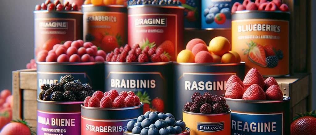 Various canned berries on a wooden table with rustic background, showing different types of packaging and labels.