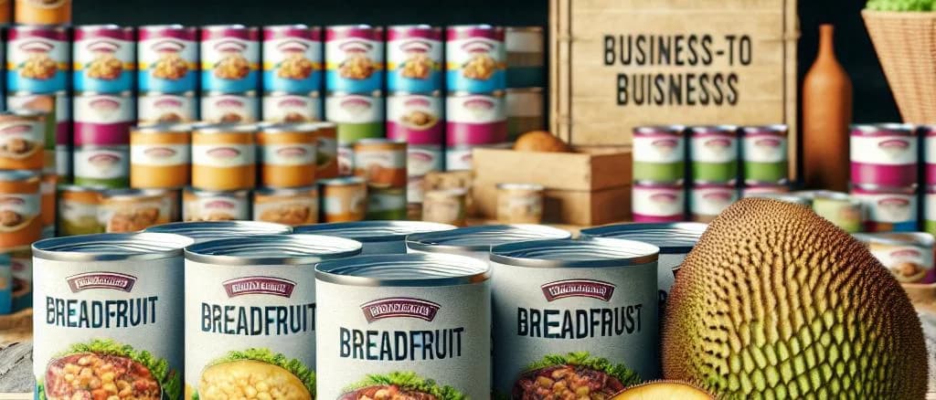 canned breadfruit with packaging variations and tropical backdrop