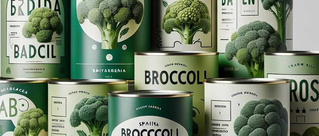Various canned broccoli options in vibrant packaging against a neutral background