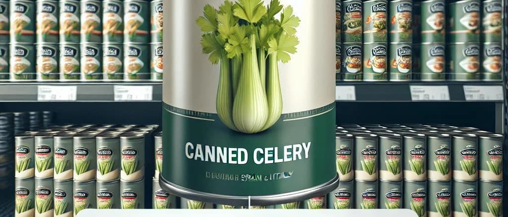 assorted variations of canned celery with different packaging in a food supply setting