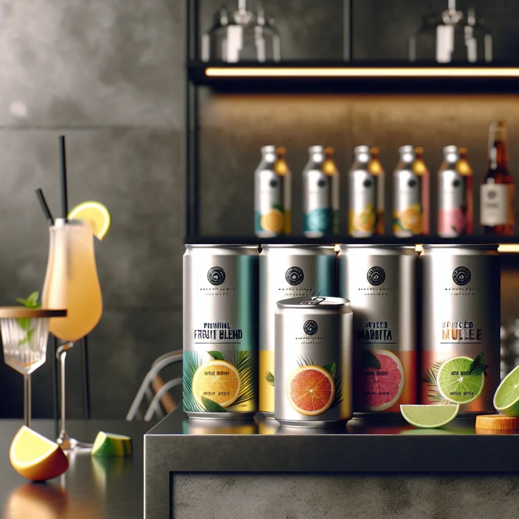 premium canned cocktails in various flavors with sleek packaging on a modern countertop