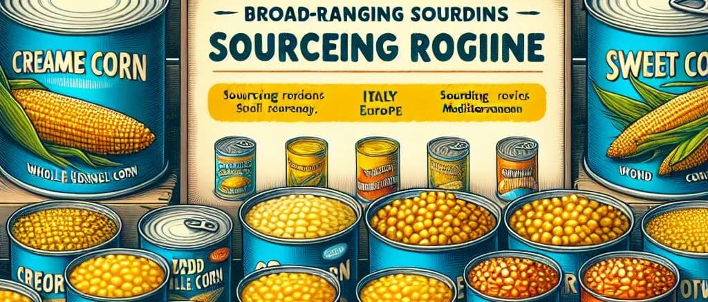 Assorted canned corn varieties with colorful packaging and rustic background