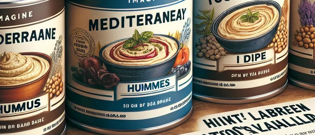 Variety of canned dips in different packaging displayed on rustic wooden background