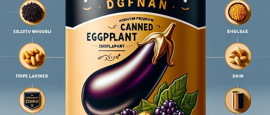 variety of canned eggplant with different packaging on rustic kitchen table