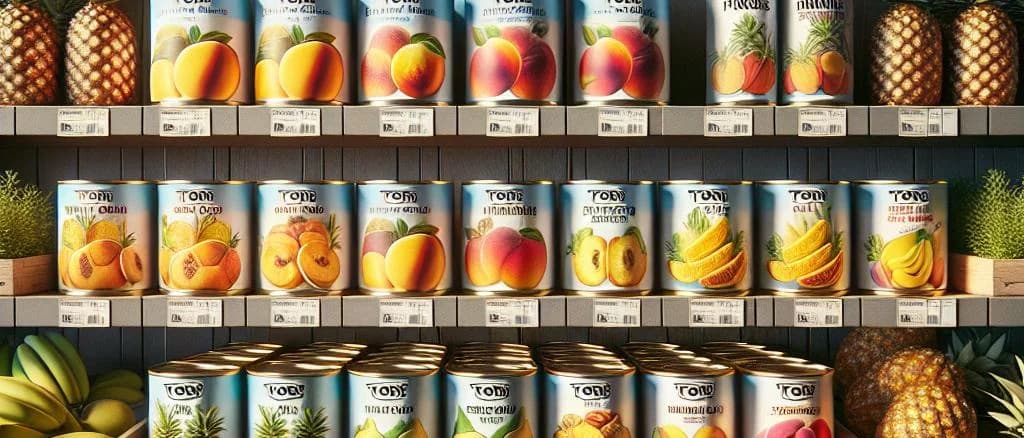 Variety of canned fruit options in colorful packaging on a wooden table