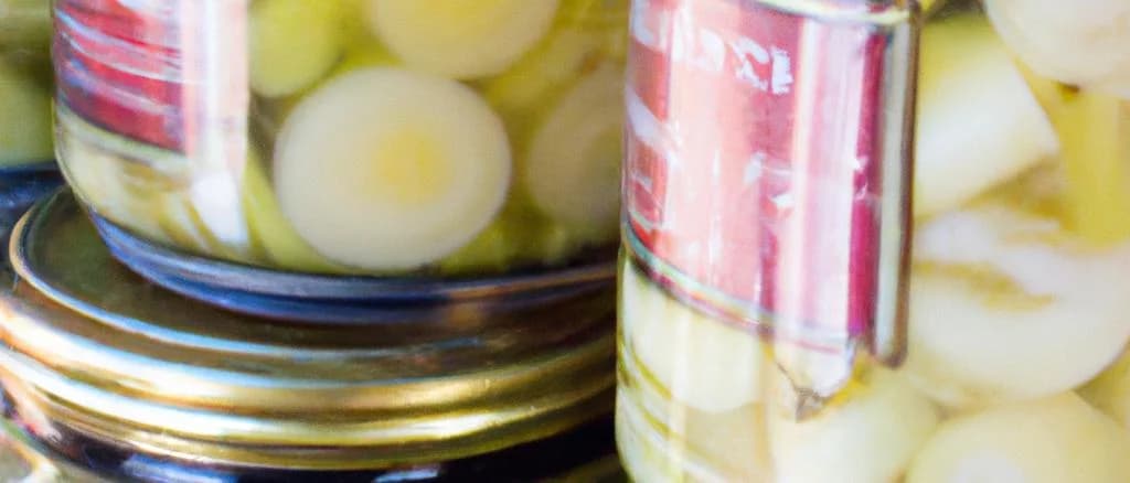 Canned leeks in various jar and tin packaging with a vibrant garden background