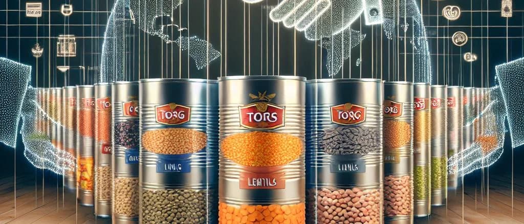 varieties of canned lentils on a store shelf