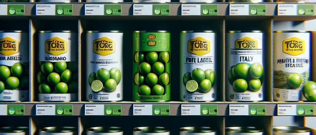 Variety of canned limes in different packaging types on a rustic wooden background