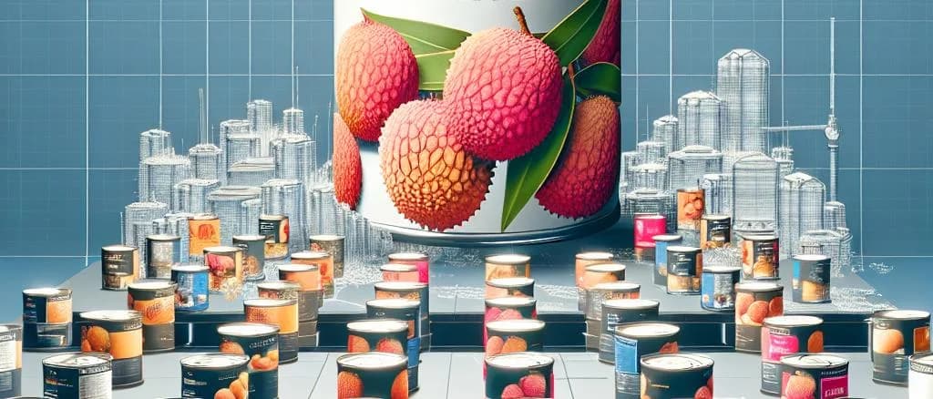 canned lychees in assorted packaging on a tropical background