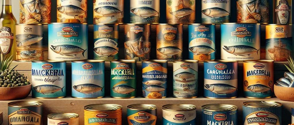 Various canned mackerel products with different packaging on a wooden background