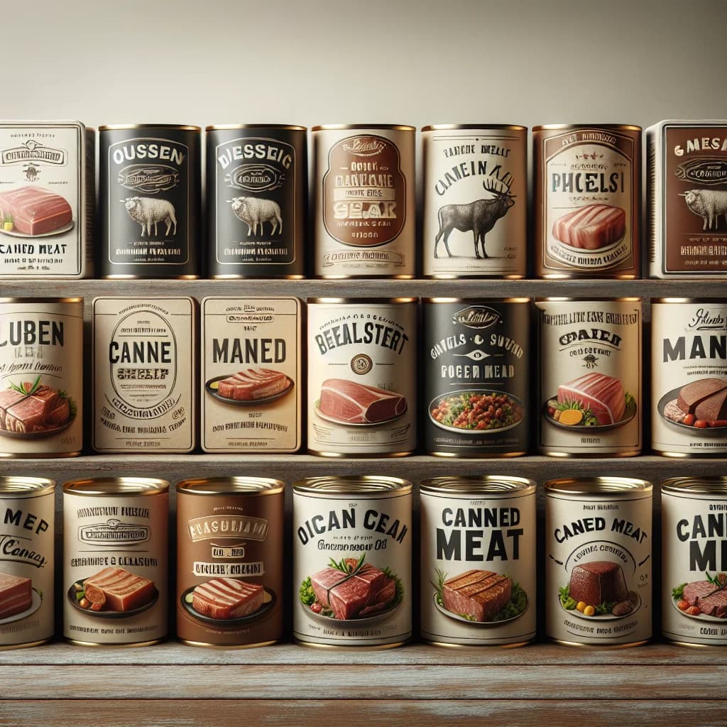 canned-meat-product-display-on-wooden-shelf-with-label-varieties