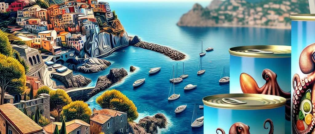 Various canned octopus products displayed with distinct packaging on a wooden background.