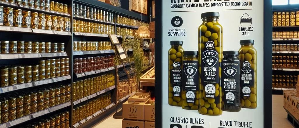 variety of canned olives on a rustic wooden table